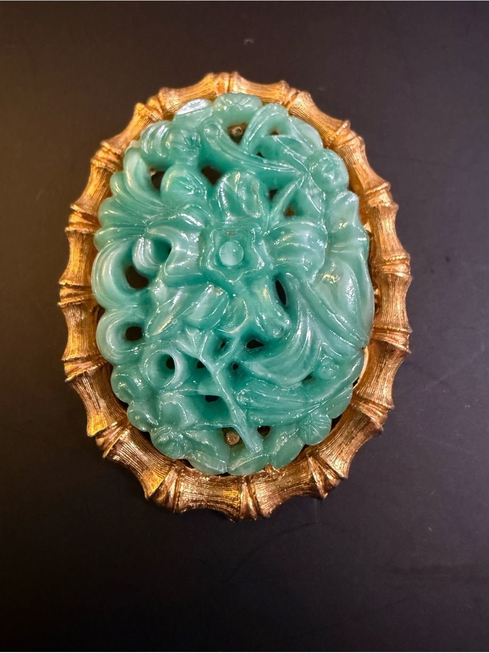 Vintage Chinese Carved Green Jade-Style Floral Brooch Gold Tone Bamboo Frame